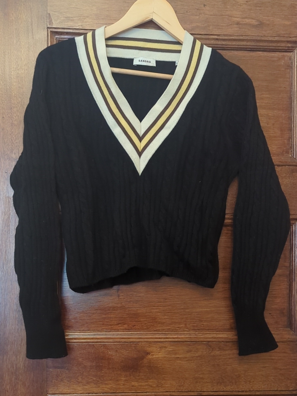 Sandro Cable Knit V-Neck Sweater Cashmere Blend Crop Preppy | Size XS | Black